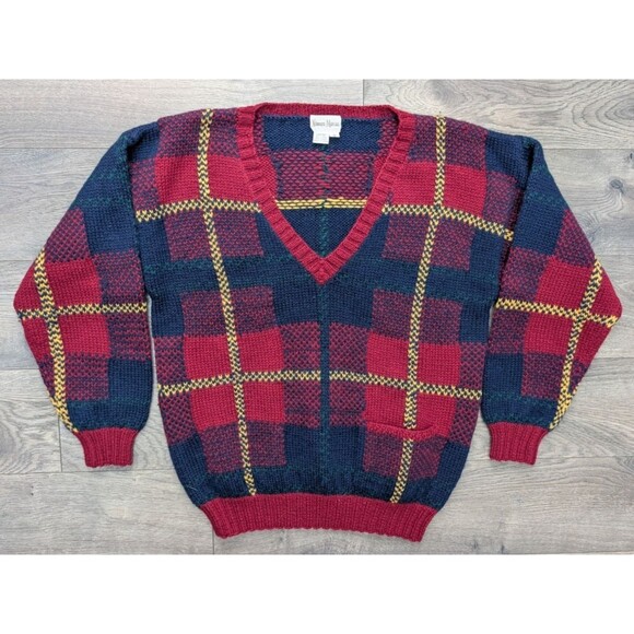Neiman Marcus Women’s Hand Knit 100% Wool Sweater Plaid Check V-Neck Size M Vtg. - Picture 1 of 5